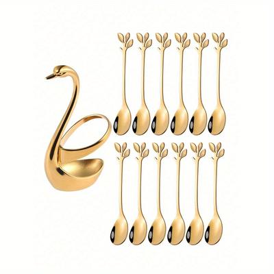 Costellazione a Forma di Cigno 6/12 Pz Cucchiaini da Frutta/Dessert/Caffè in Acciaio Inossidabile con Base Portaoggetti a Cigno