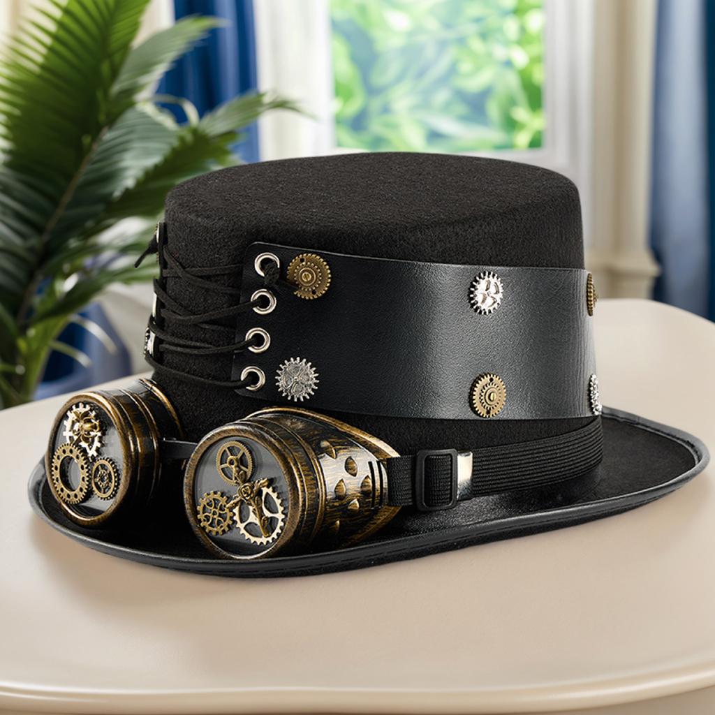 Victorian Wool Top Hat with Detachable Goggles and Gear Decors For Renaissance Theme Event And Cosplay Party Dressingup