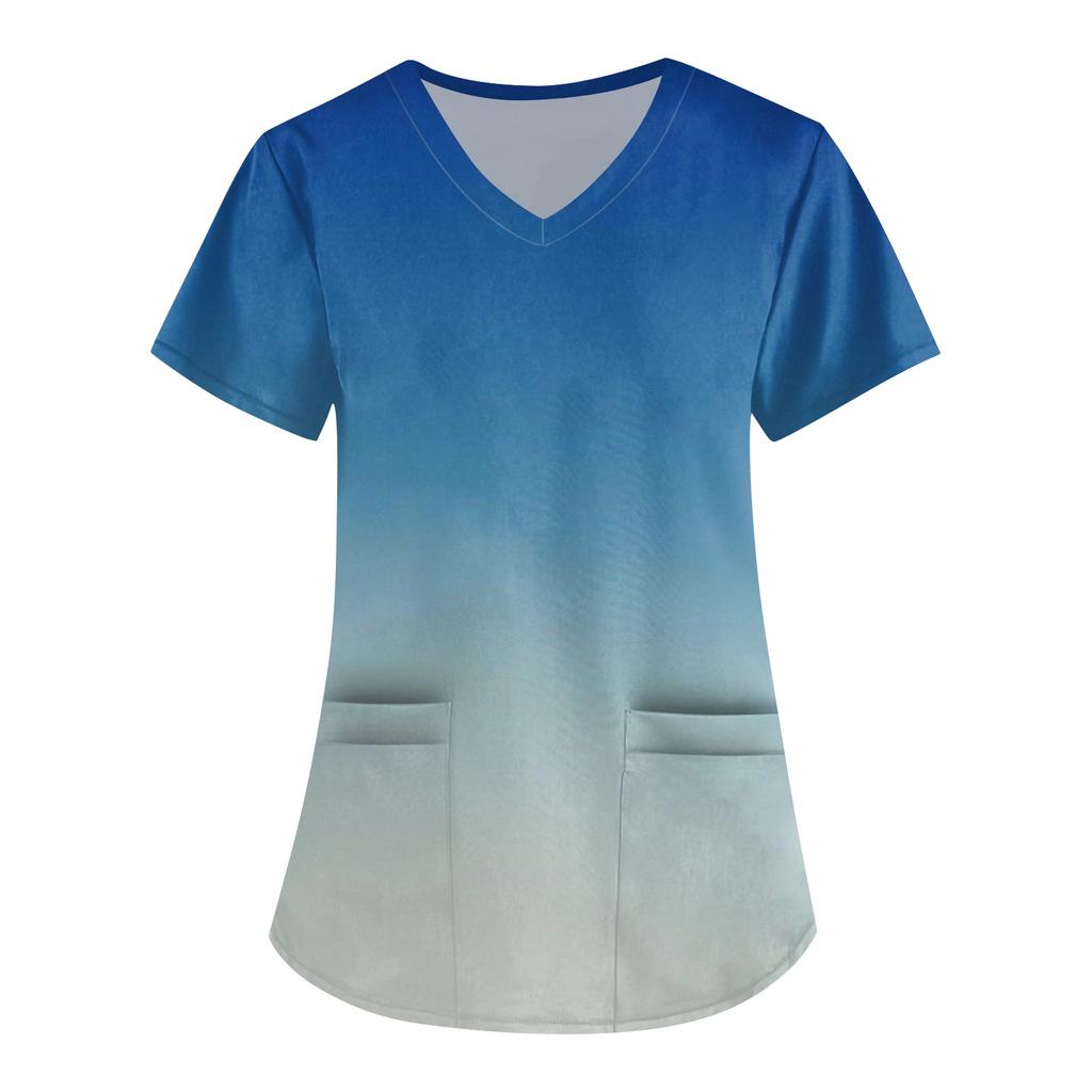 ÜbergrößeBedruckte Kasack Arbeitsuniform Oberteile für Damen V-Ausschnitt mit Überkreuzung Print Kurzarm Lustige T-Shirts Arbeitskleidung T-Shirt mit Taschen