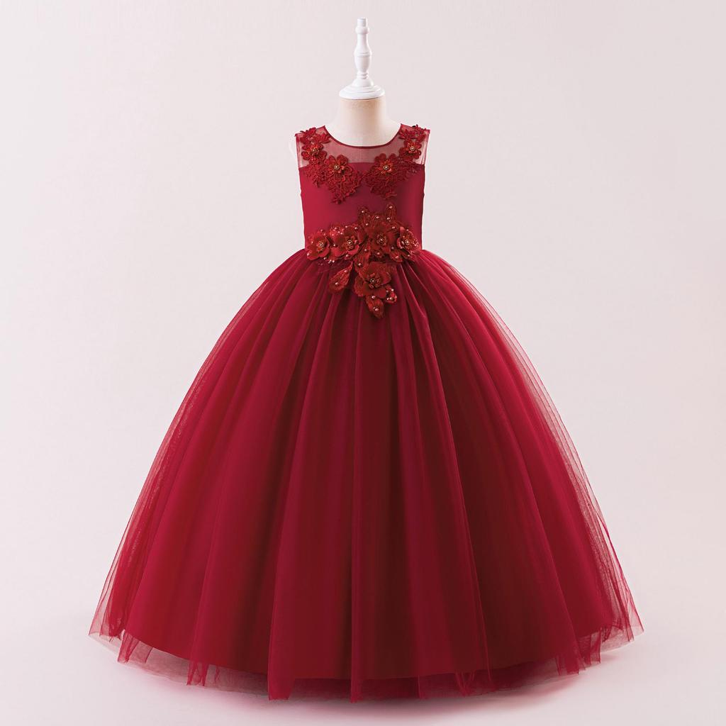 Girls' Sleeveless Mesh Princess Dress with Embroidery & Appliques - Formal Performance Wear