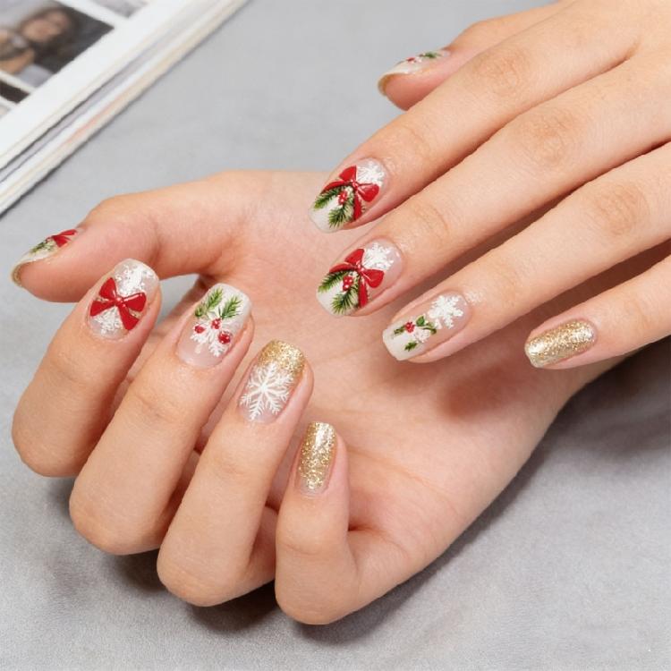24PCS Artificial Nail Winter Snowflake Bows Design Artificial Nail For Professional Daily Use Manicure Fingernails