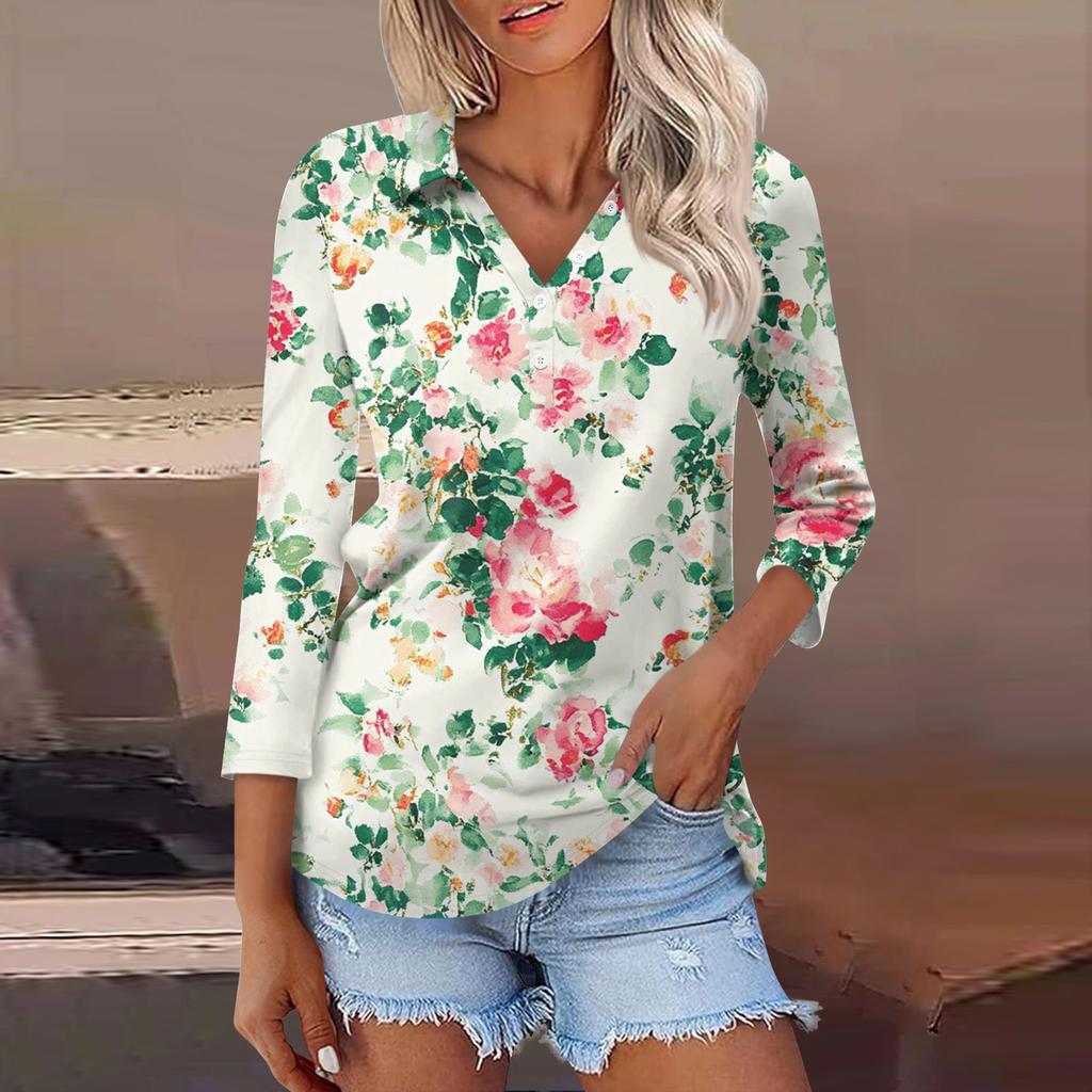 Women's Fashion Casual Lapel 3/4 Sleeve Print Shirt Women's Button Up Tops