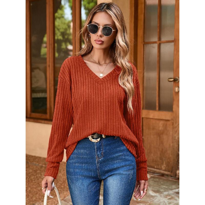 2026 wish women's long-sleeve V-neck ribbed brushed knit top T-shirt