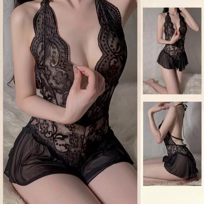 Ropa Interior Sexy Blanca Sin Entrepierna Mujer Encaje Hueco Conjunto de Sujetador Disfraz Erótico Teddy Vestido Baby Doll Profundo V Sujetador Abierto Conjunto de Lencería Porno