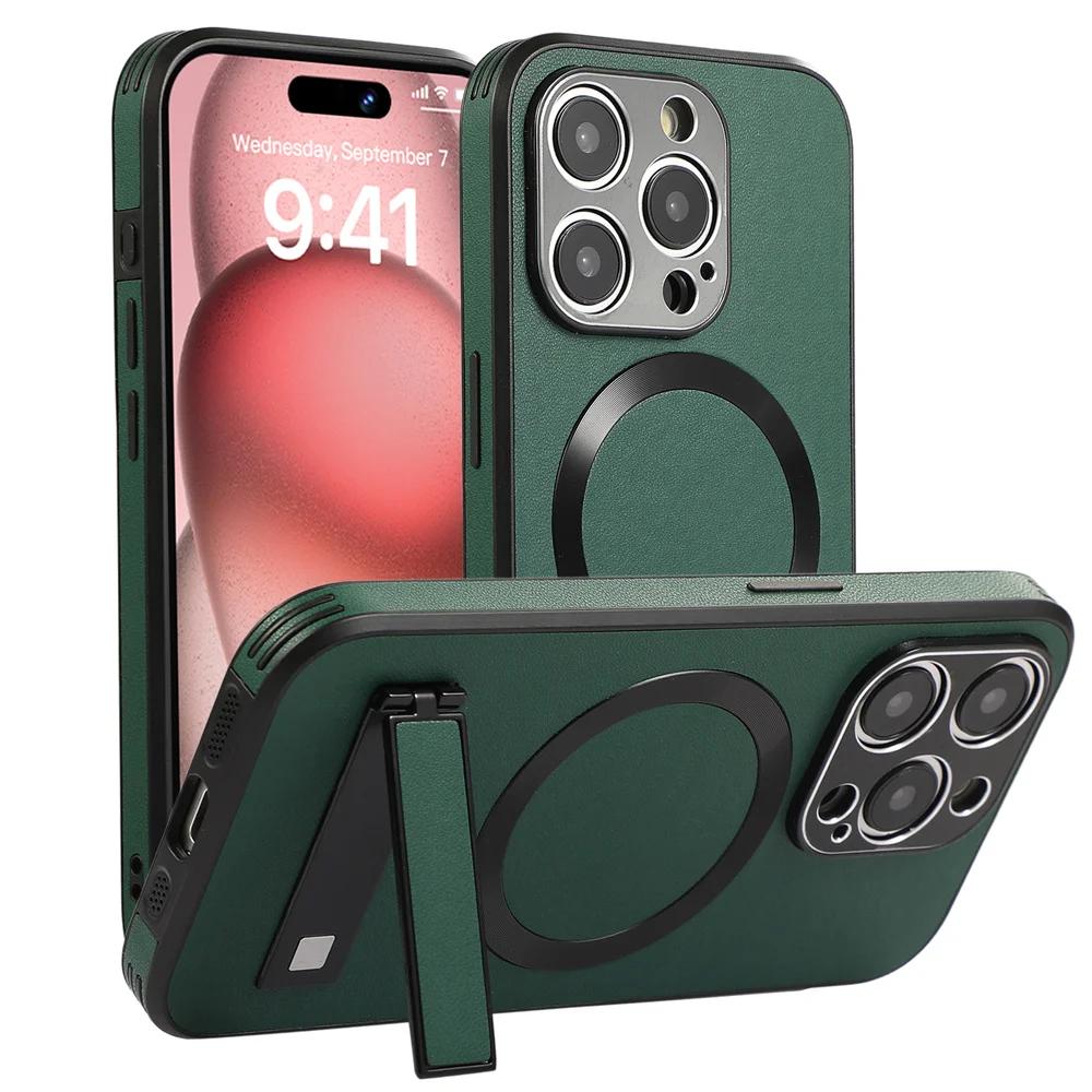 Luxury Business Leather Magsafe Phone Case For iPhone 16 15 14 11 12 13 Pro Max Magnetic Wireless Charging Stand Cover