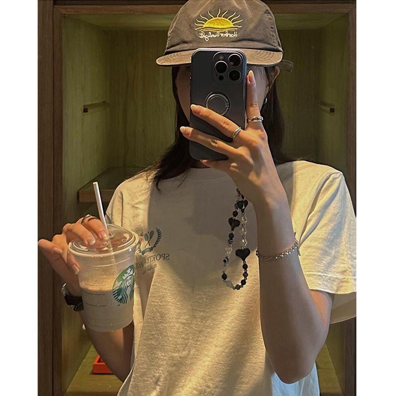 Niche American Vintage Sports Style Wheat Racket Letters Age-Reducing Campus Ins Apricot Pure Cotton Short Sleeve T-shirt Women