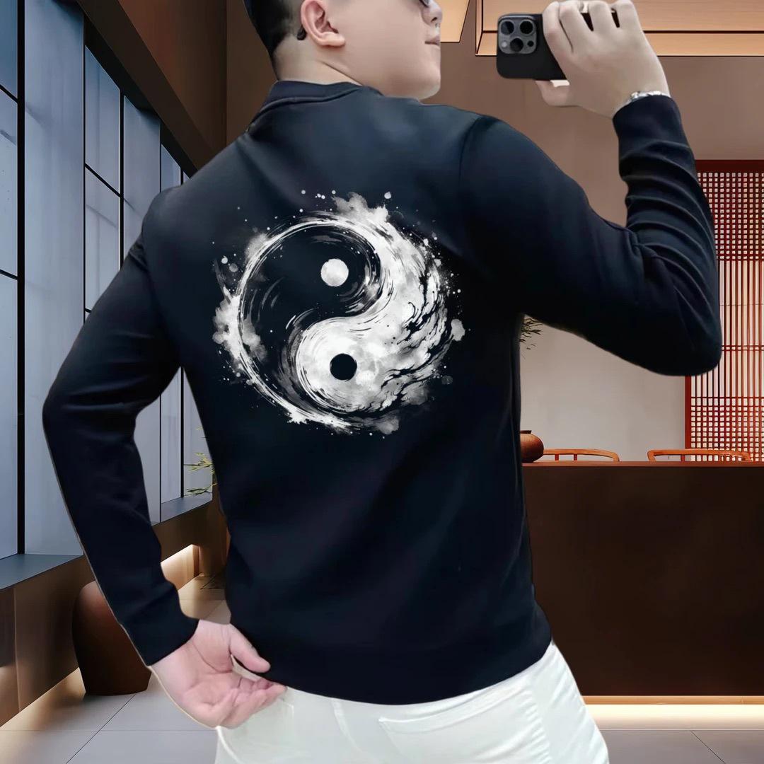 Men s National Style Heavyweight Round Neck Hoodie - Autumn/Winter Plus Velvet Thick Warm Printed Fashion M