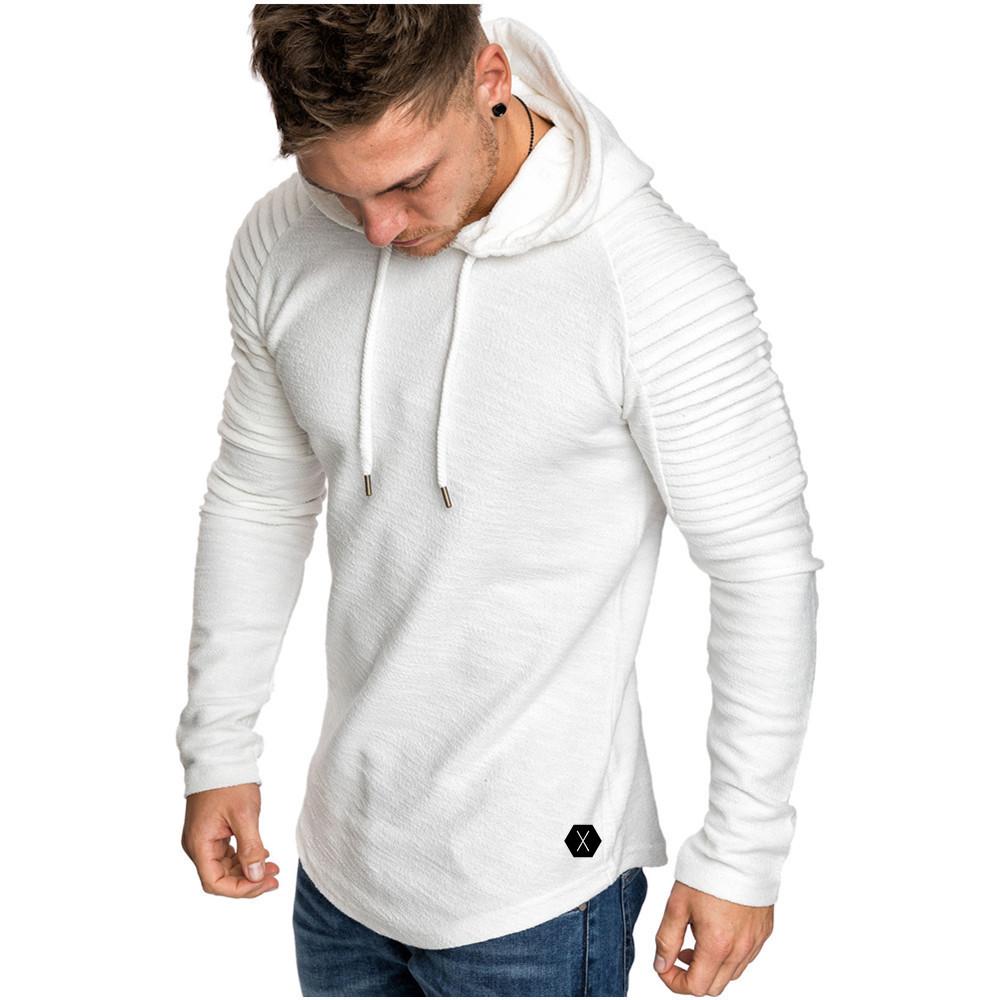Men's Slim Fit Solid Color Hooded Long Sleeve T-Shirt Striped Pleated Shoulder Sleeve Hooded European and American Men's Clothing