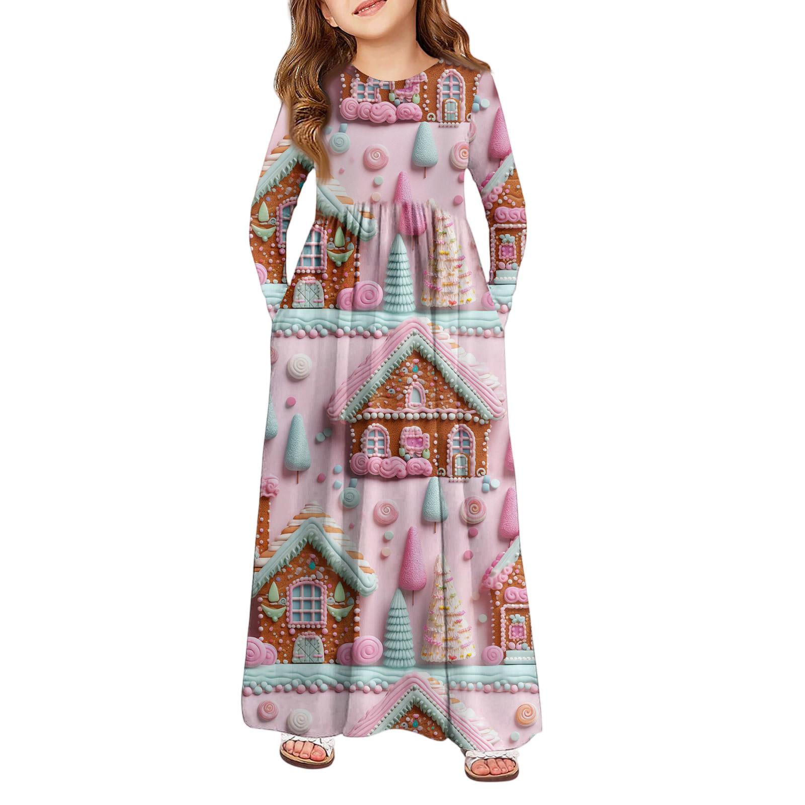 

Девичье платье макси - Платье с длинным рукавом и карманом на Рождество 120 розовый