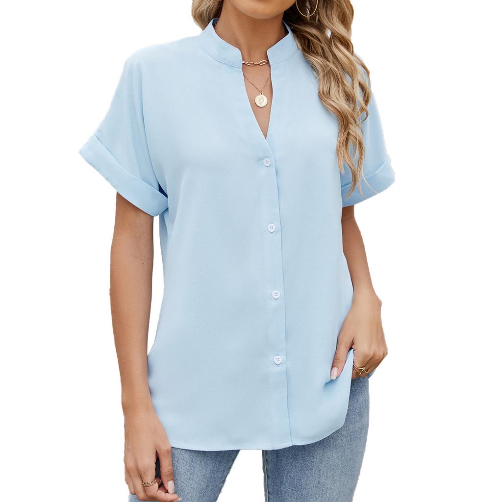 Sommer Neue Einfarbig V-ausschnitt Lose Kurzarm Button-Down Chiffon Hemd