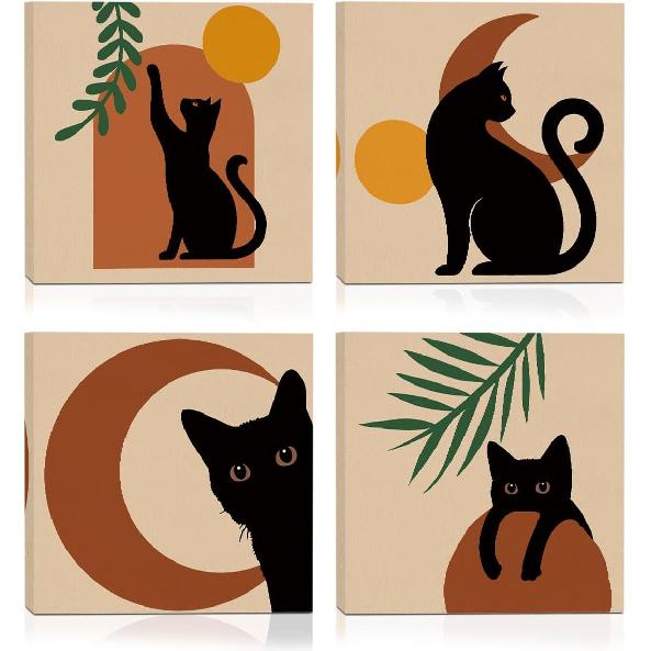 4 PCs Kawaii Japanese Ramen Cats Canvas Wall Art Framed Wall Decor, Cat Lover Gifts, Cat Themed Gifts Art Prints Paintings, Pictures Home Decor for