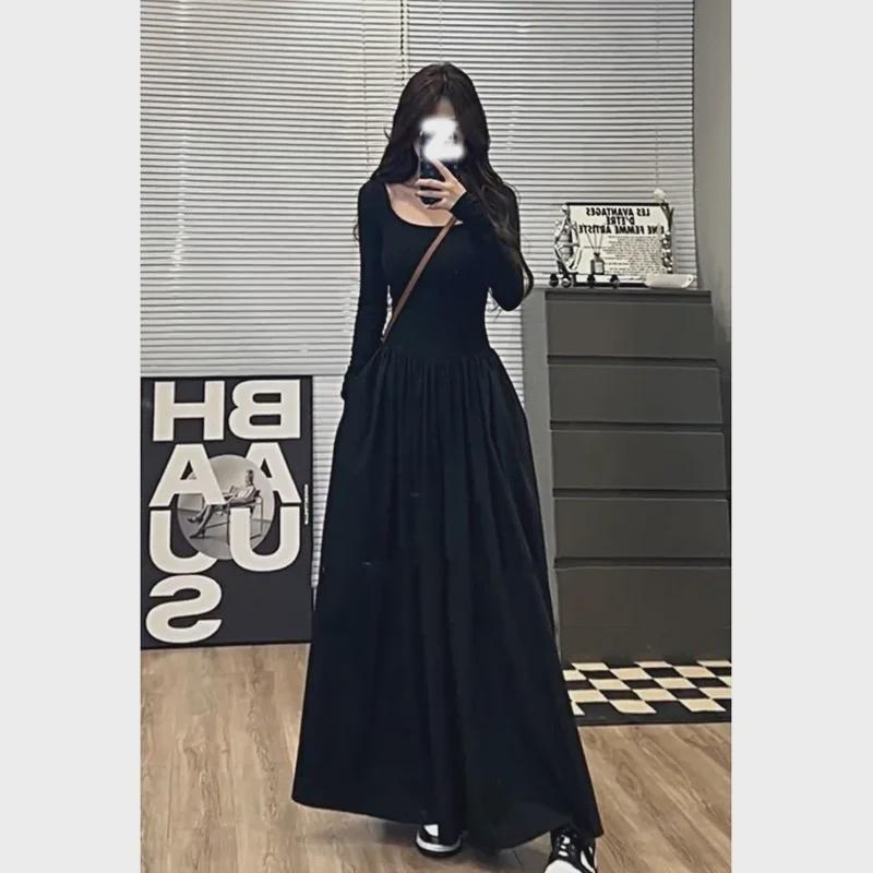French White Long Sleeve Square Neck Women's Hepburn-Style Slim Waist Maxi Skirt for Spring and Autumn