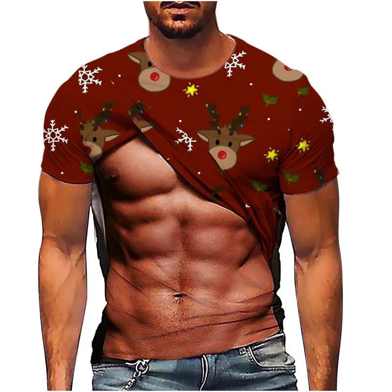 Round neck short sleeved Christmas fake abs pattern T-shirt, ugly Christmas top, men's gift funny 3D printed men's ugly Christmas T-shirt,