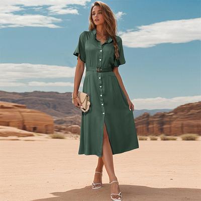 Women's Fashion Summer Spring Solid Color Print Short Sleeve POLO Neck Middle Waistline Casual Dresses