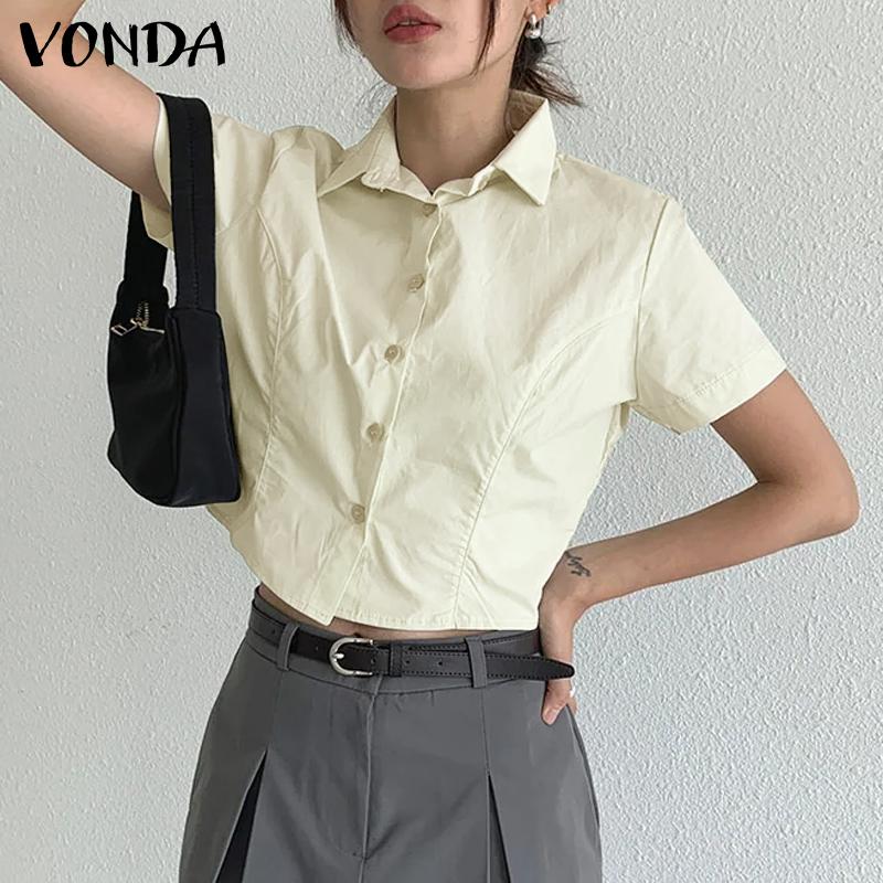 

VONDA женская летняя рубашка с воротником и коротким рукавом на пуговицах на талии однотонный топ