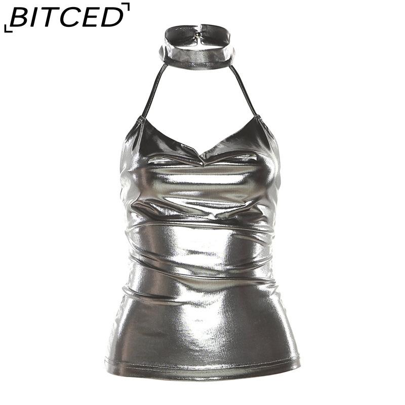 

BITCED Spring Women s Solid-Color Slim-Fit Streetwear Fashion Halter Neck Sexy Backless Tank Top L серебряный