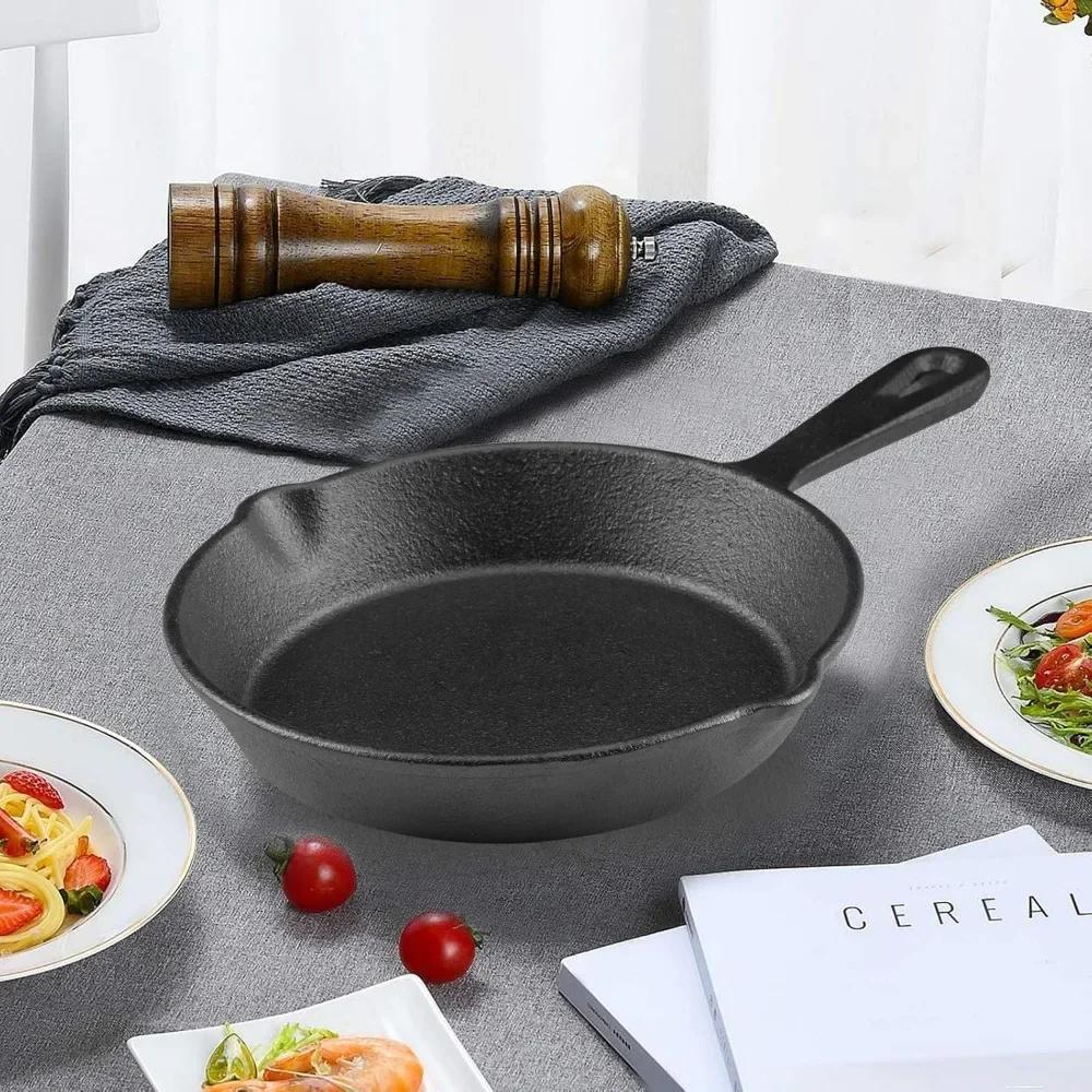 Cast Iron Skillet 6 Inch, Frying Pan with Drip-Spouts, Pre-seasoned Oven Safe Cookware, Camping Indoor and Outdoor Cooking