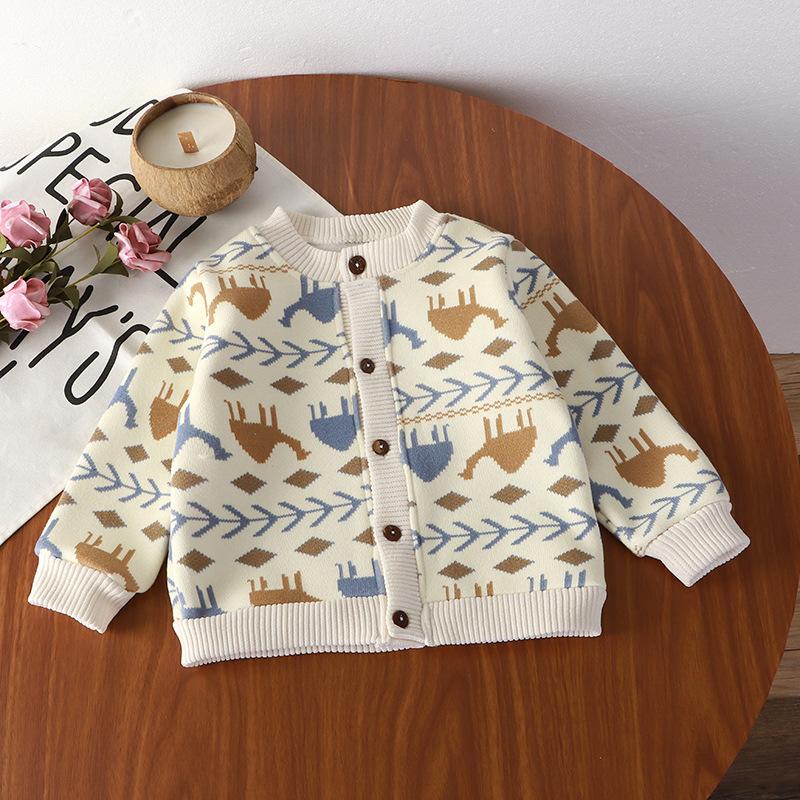 Children's Cardigan Jacket Knitted Baby Autumn And Winter Plus Velvet Small Outer Coat Boys And Girls Round Neck Trendy Thin Section All-match