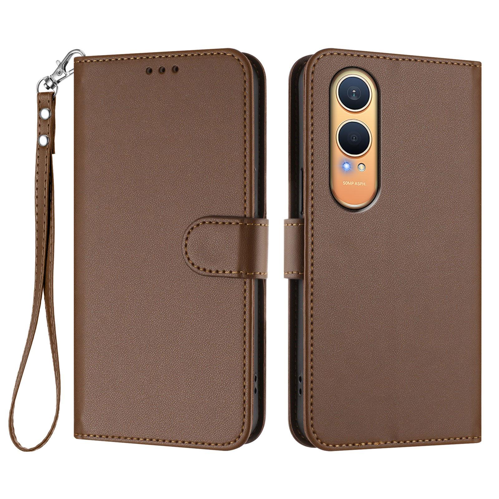 

For OnePlus Nord CE4 Lite 5G Leather Case Wallet Stand Phone Cover with Wrist Strap Brown