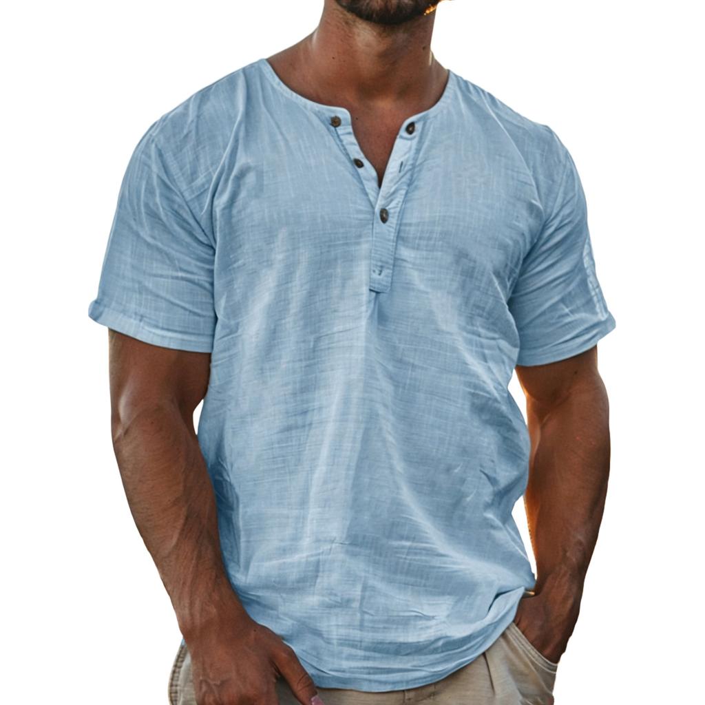 Men Henley Shirt Short Sleeve Button Down Linen Casual Loose Fit Summer Lightweight Top for Daily Wear