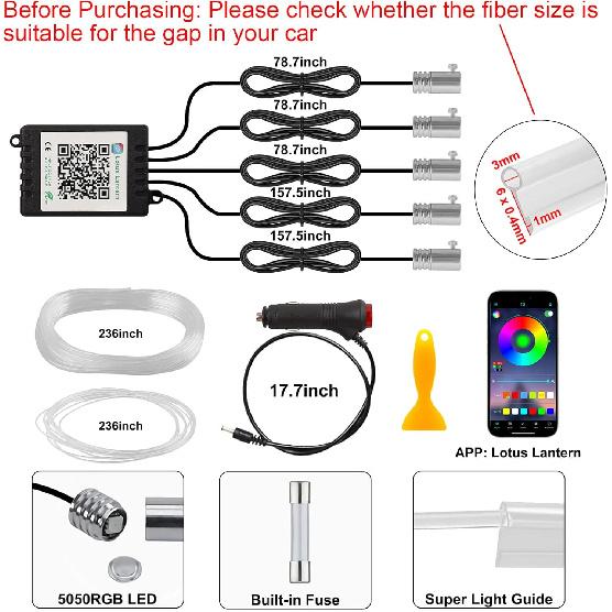 Interior Car LED Strip Lights APP Control, 5 In 1 RGB 16 Million Colors Ambient Lighting Kit With 236 Inches Fiber Optic, Music Mode Ide Car Lighting