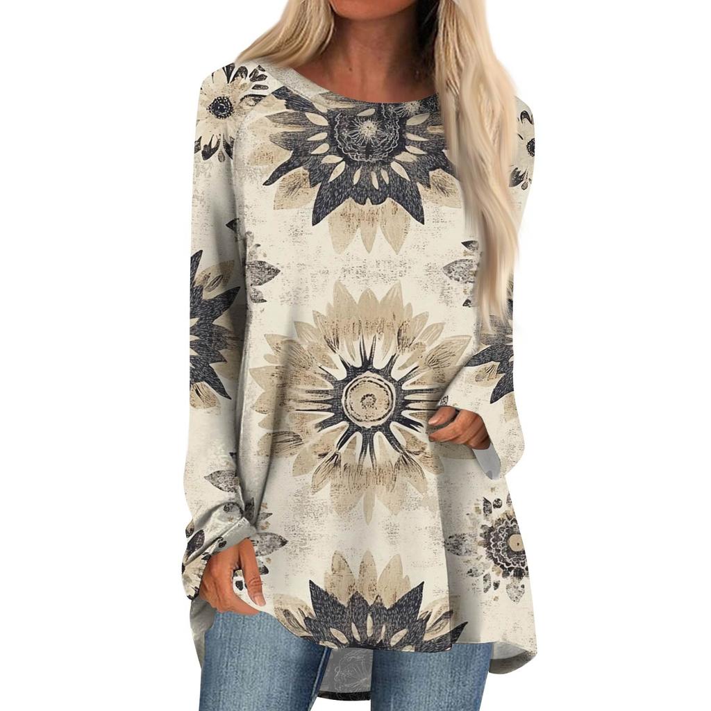 Women's Fashion Casual Long Sleeve  Print Round Neck Pullover Top Blouse
