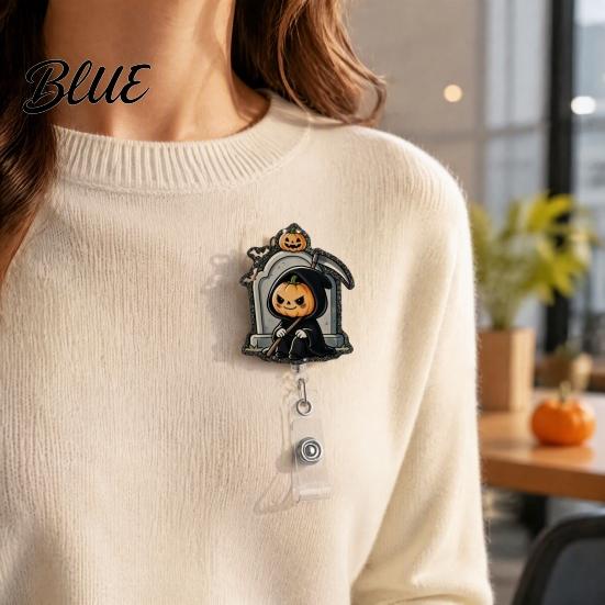 Halloween Badge Reel Retractable Reel Cute Pumpkin And Grim Reaper Design Acrylic Work Holder Smooth Pull Cord Clip for Nurse Doctor Teacher ID Card