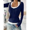 New Women's Blouses T-shirt Spring Fall Fashion Slim Halter Neck Fake Two-piece Stretch Long-sleeve Top Women Casual Clothing