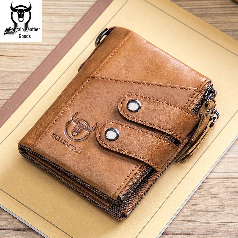 Cow Captain Vintage RFID Men's Trifold Zipper Wallet - Genuine Leather & Top Layer Cowhide