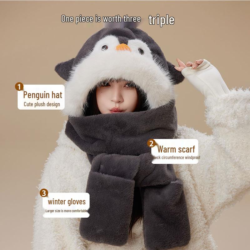 Penguin Ear Protection Hat, Scarf & Neck Warmer Women's 3-Piece Winter Set