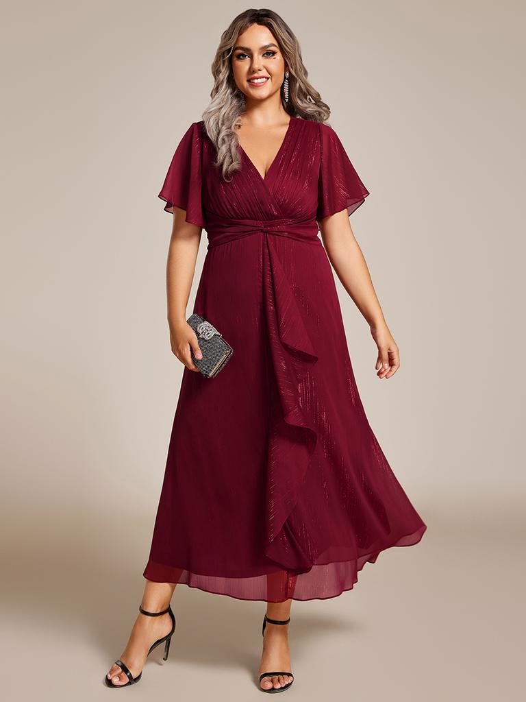 Ever-Pretty Women's Plus Size Shimmer Short Sleeve A-Line Midi Wedding Guest Dress with Ruffled Hem