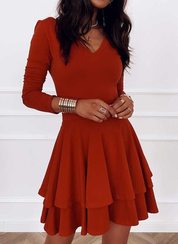 New seaside vacation dress, solid color V-neck split-ended small long sleeves