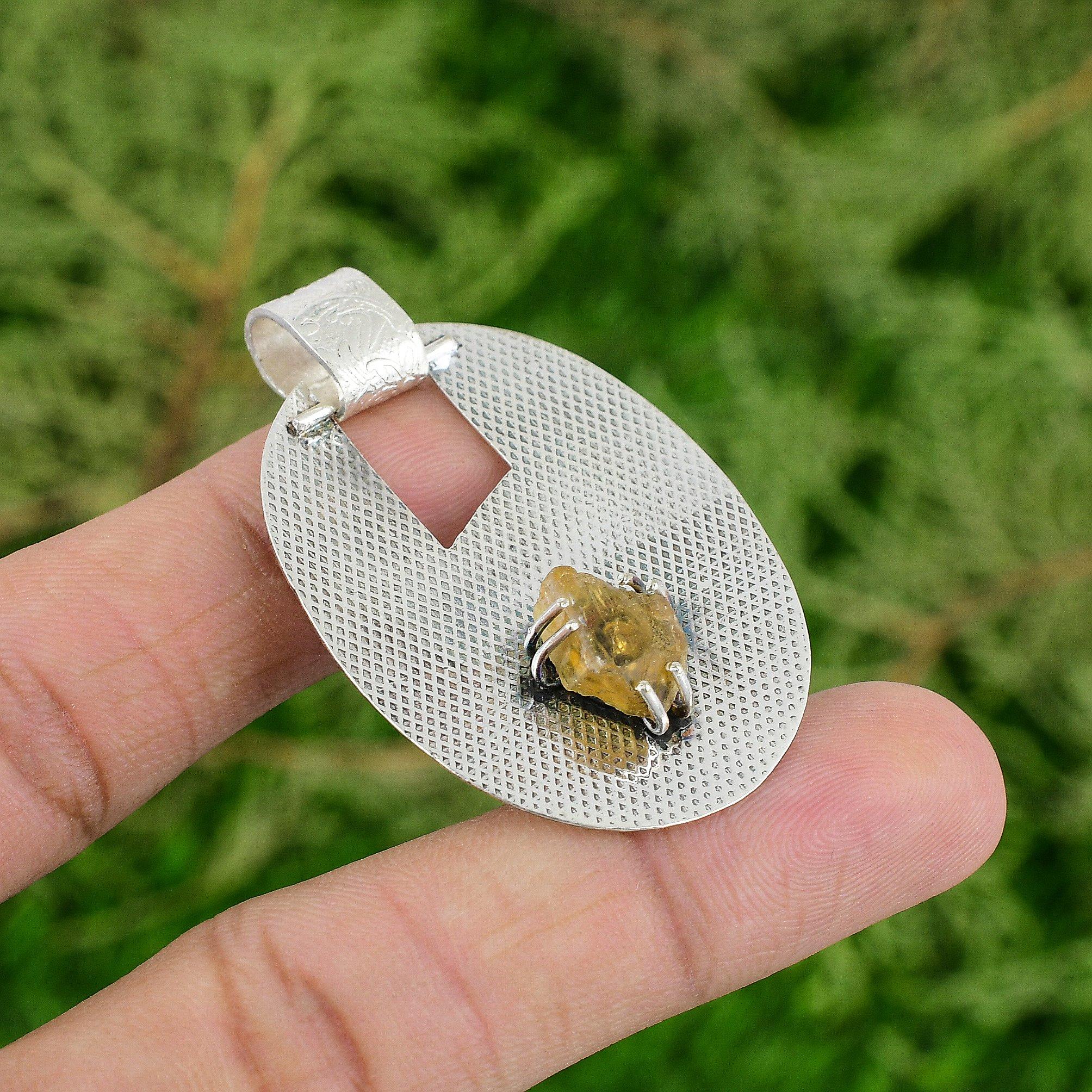 

925 Sterling Silver Citrine Rough Gemstone November Anniversary Art Deco Pendant