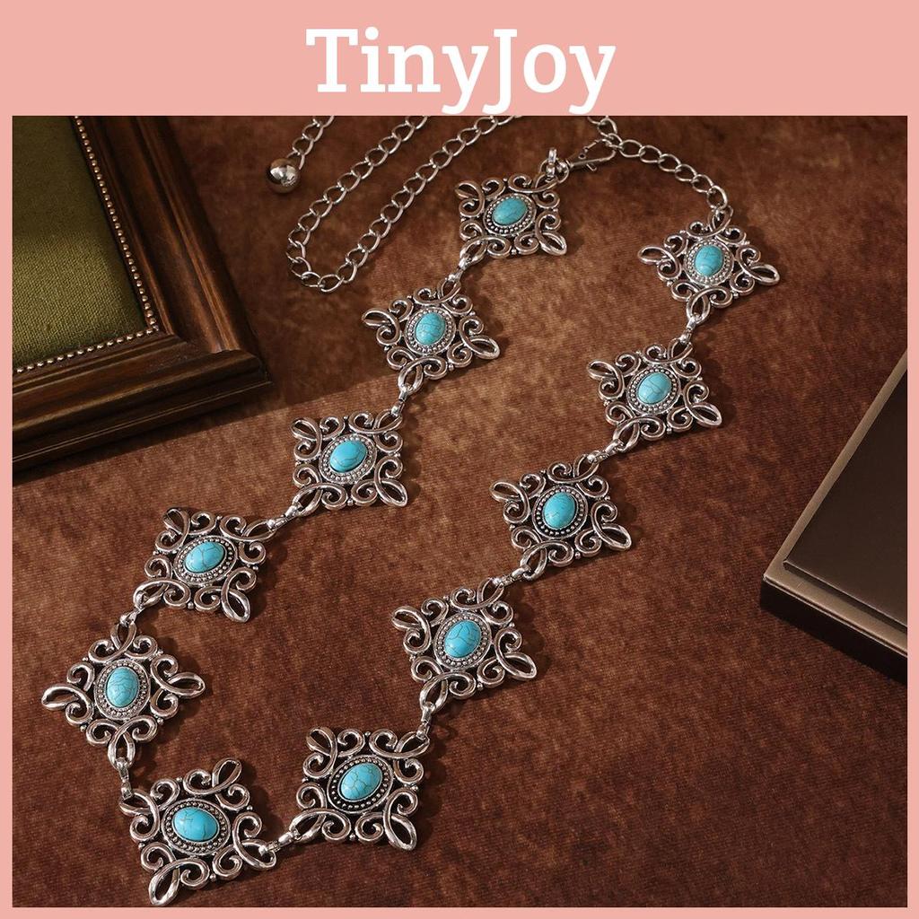 Chinese Knot Metal Waist Chain With Turquoise Pendant And Palace Style Carving For Women