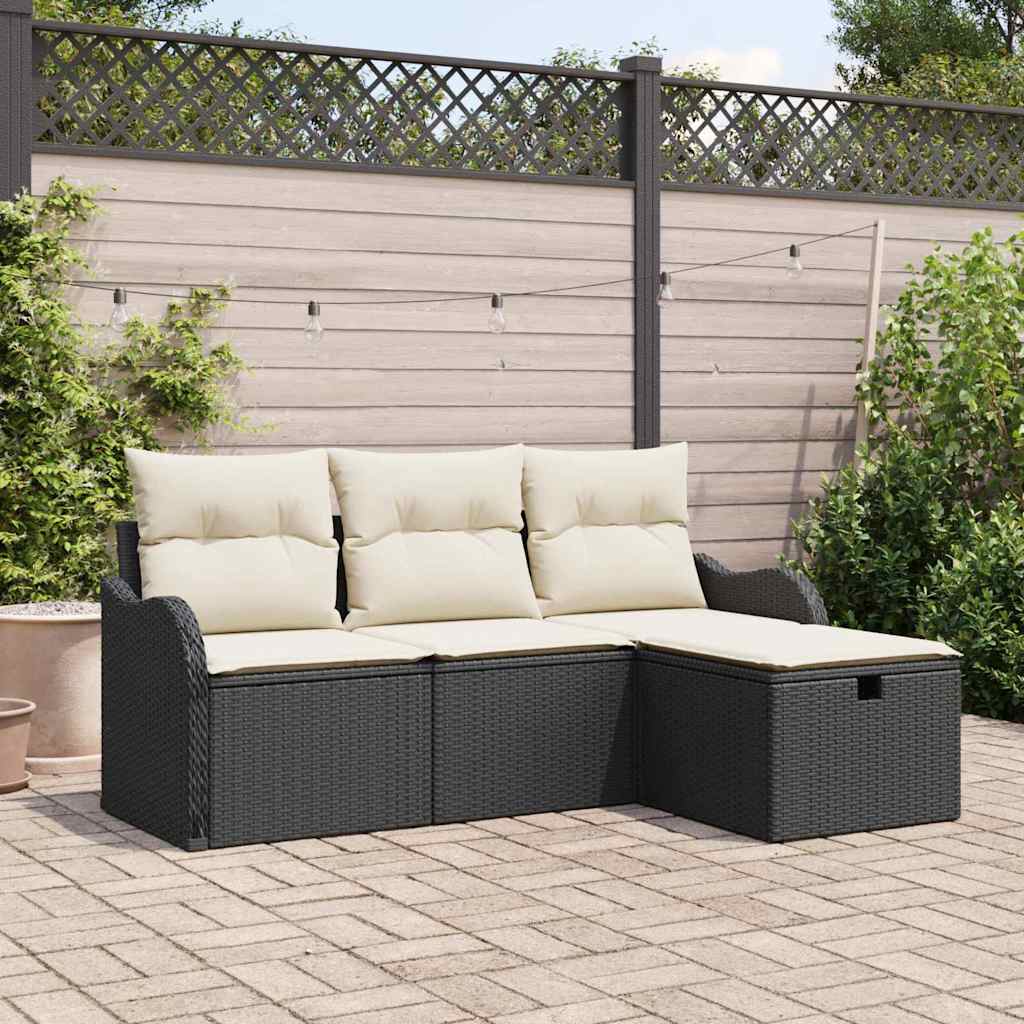 Garden Sofa Set with Cushions 4 pcs Black and Cream Poly Rattan