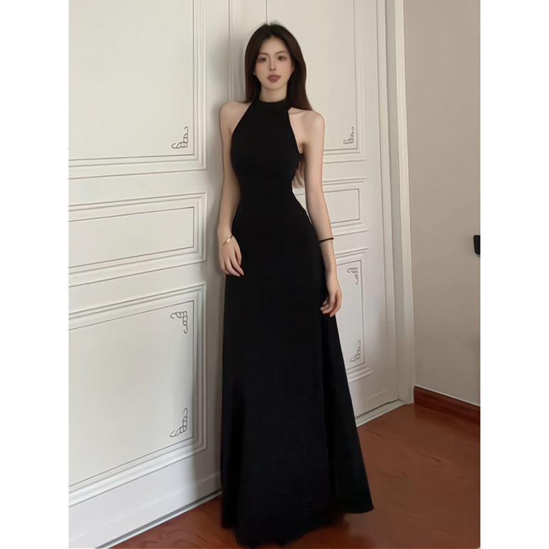 French Chic Black Halter Neck Summer Dress Set - Slim Fit Top & Bodycon Long Skirt S