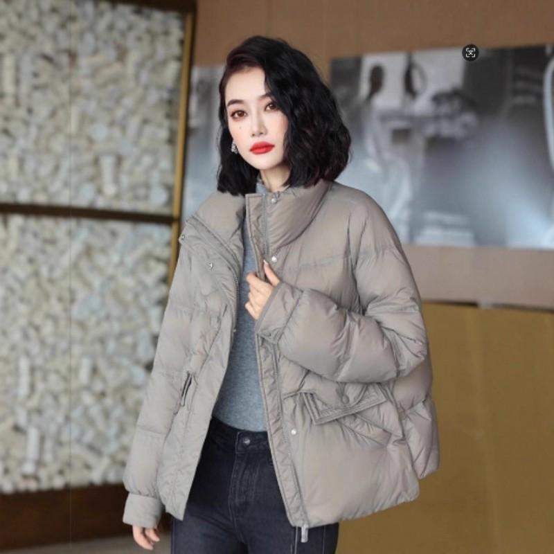 Womens Short Puffer Jacket With Stand Collar Loose Fit Warm Winter Coat 65% Down Fill