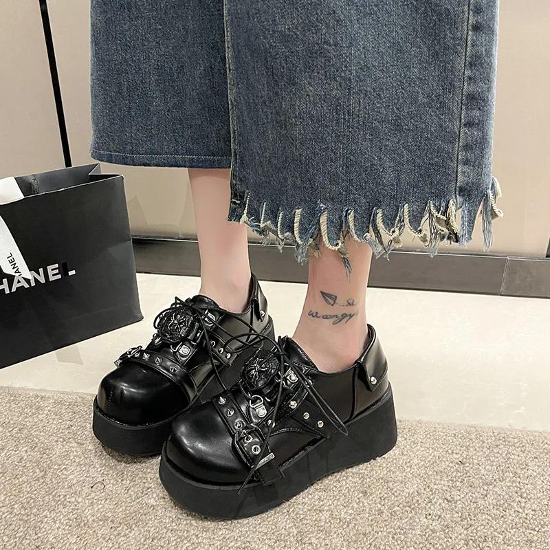 Women Thick-Soled Punk Dark Buckle Muffin Gothic Women'S Shoes Round Head Jk Small Leather Shoes
