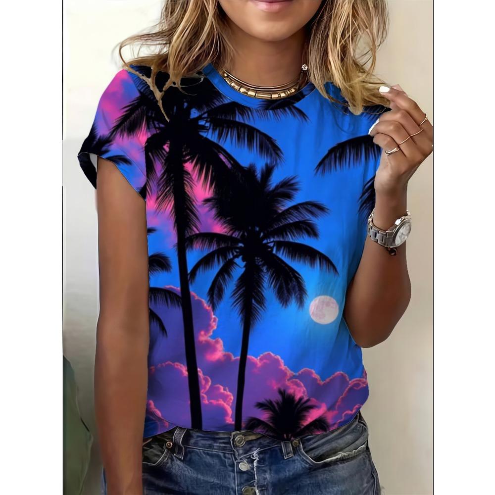 

Women s loose fit crew neck T-shirt with tranquil tropical twilight print for everyday casual use 5XL