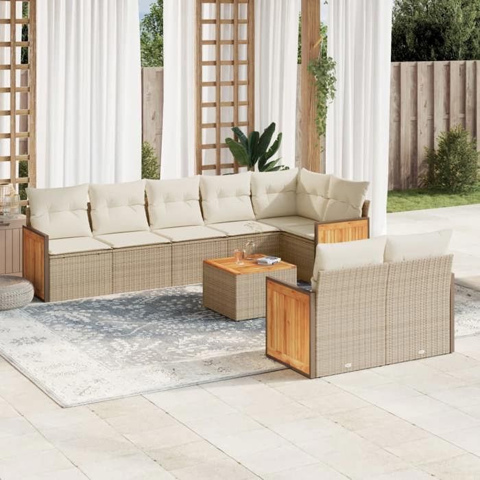 VidaXL Salon de Jardin avec Coussins 9 pcs, Canapés de Terrasse, Ensemble de Meubles de Patio, Mobilier d'Extérieur, Beige 3227836