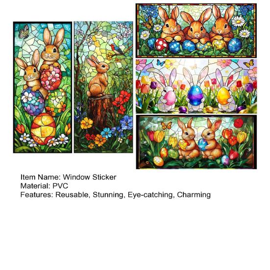 Yousheng Easter Window Clings Stained Glass Bunny UV Resistant Window Privacy Film Removable Static Decals for Living Room Bedroom Bathroom