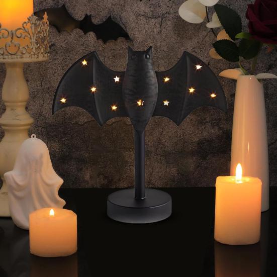 Large Twinkle Bat Candlestick Halloween Light-up Bat Candle Holder Gothic Candelabra Centerpiece with LED Twinkle Light for Home Dinner Table