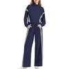 VEZFAA Moda Feminina Casual Primavera Outono Estampa Listrada Manga Longa Gola Alta Calças Macacões