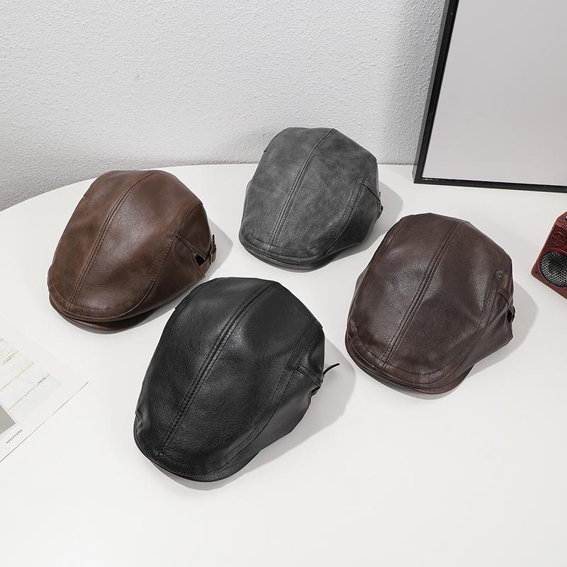 This American-style retro pu leather solid-color front hat is stylish and cool. The beret can be worn upside down with a basebal