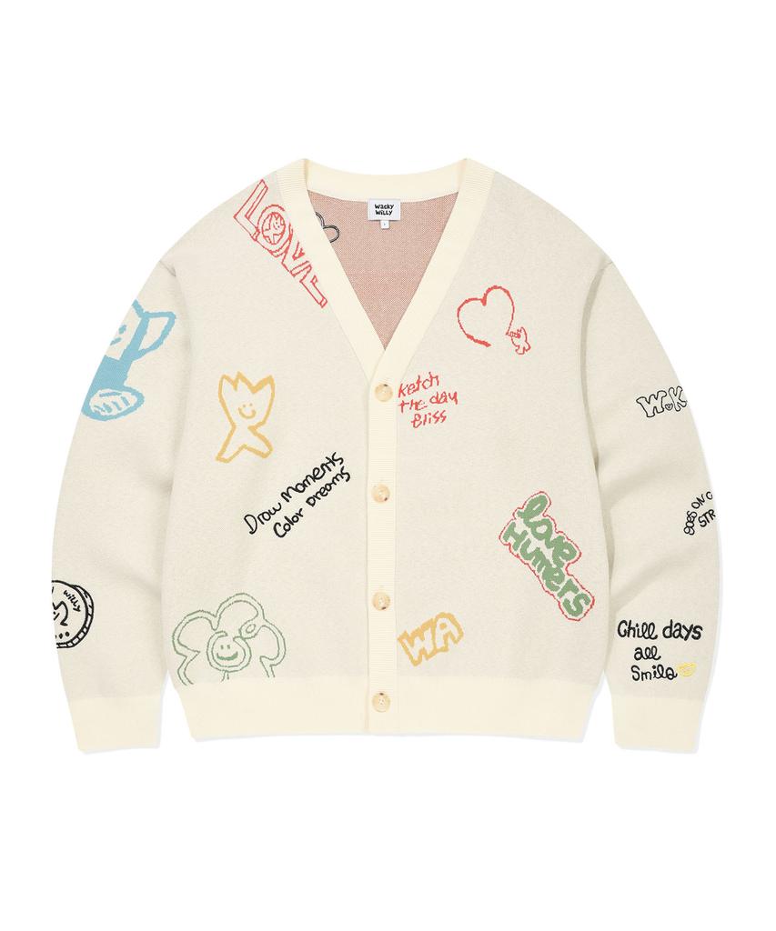 Wacky Willy V-Neck Pattern Cardigan Cream