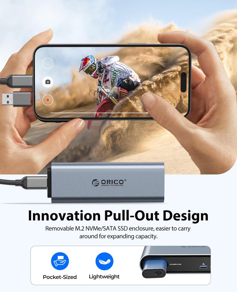 ORICO SSD Docking Station with USB C Docking Supports 10 4K 60 100W Audio and Two USB Ports M.2 Enclosure, 10-in-1 Station, M.2 NVMe/SATA SSD, USB-A