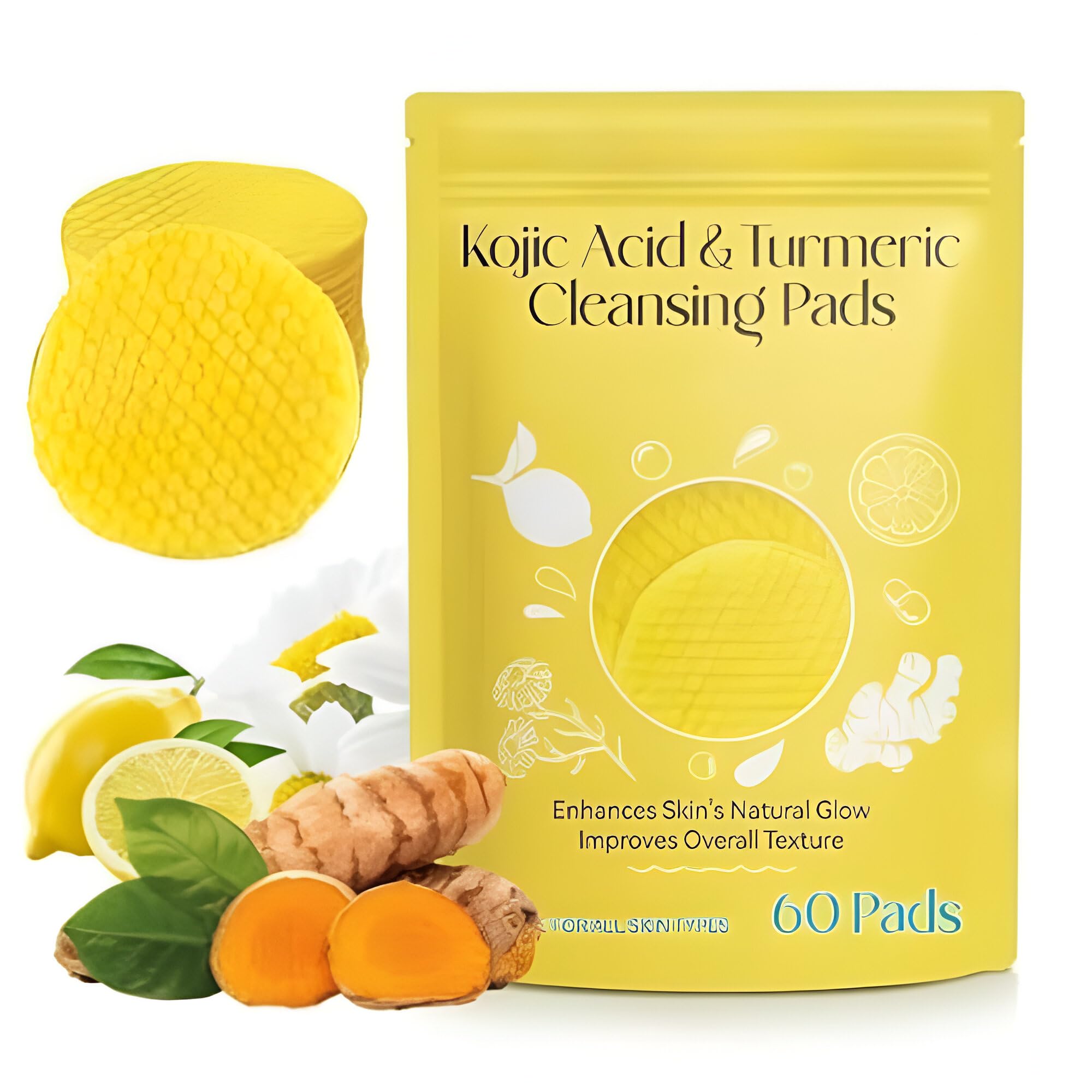 Kojic Acid & Turmeric Cleansing Pads with Vitamin B5, Vitamin C, Chamomile & Lemon for Foaming Exfoliation and Brightening Skin(pack of 1)