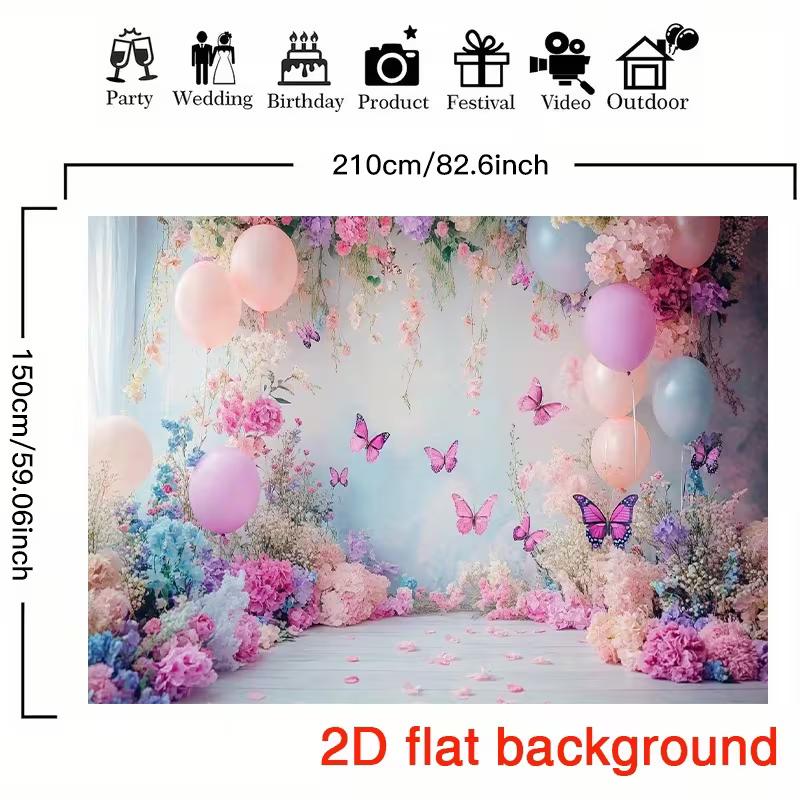 2D Girls Party Backdrop, Dreamy Floral Garden with Balloons Background for Birthday Shoots
