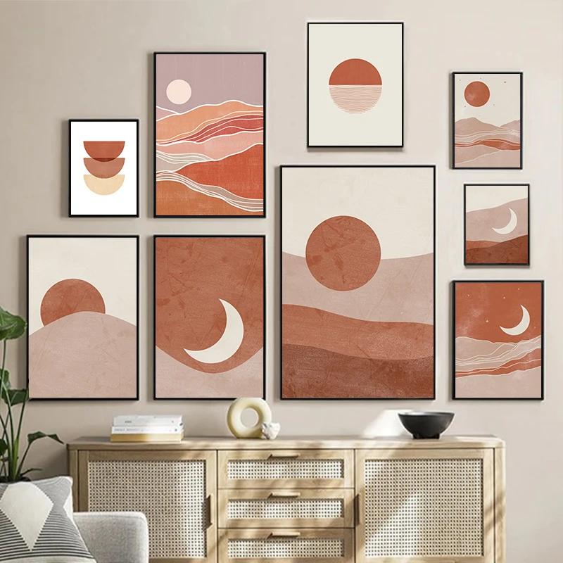 Mid Century Sun Moon Boho Wall Art Terracotta Abstract Landscape Canvas Print for Living Room and Bedroom Decor