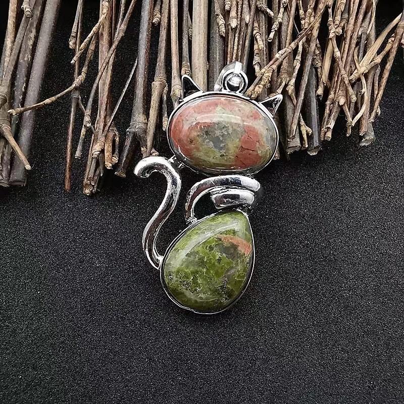 Natürlicher Kristall Katzen Anhänger Halskette Mit Amethyst Und Rosenquarz Für Einzigartigen Schmuck Geschenk